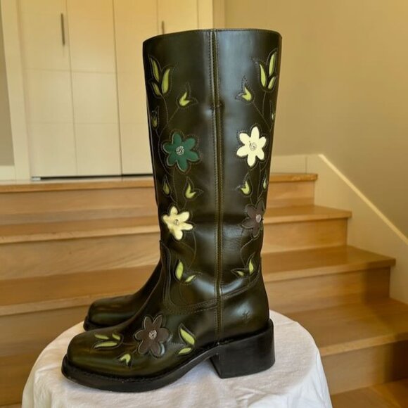 Frye Campus 14L Boots Size 7 Wide Calf Dark Olive Green Floral Pattern Cutouts - Picture 3 of 7